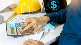 A construction professional using a calculator and documents with digital cost icons, representing AI-powered construction cost estimation.