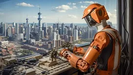 Robot in construction gear analyzing a detailed city model, representing how AI improves construction materials management and supply chain efficiency.