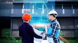 Two construction engineers review blueprints with a digital building layout above them, representing AI-enhanced construction quality control.