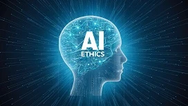 Digital human head silhouette glowing with neural patterns and the text “AI Ethics,” symbolizing the societal impact and ethical considerations of artificial intelligence.