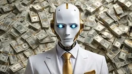Futuristic robot in a suit standing before stacks of money, symbolizing artificial intelligence transforming modern accounting processes