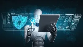 Humanoid robot using a digital tablet surrounded by cybersecurity icons, symbolizing how AI automates threat detection and strengthens cybersecurity defenses.