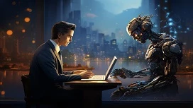 Man working on a laptop beside a humanoid robot in a modern city setting, symbolizing accessible artificial intelligence for learners of all backgrounds.