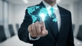 Business professional touching a glowing digital world map, representing accessible global AI concepts in OHSC’s AI for Everyone free course.