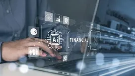 Person typing on a laptop with digital AI and financial analytics icons, representing how artificial intelligence enhances financial analysis and data-driven decisions.