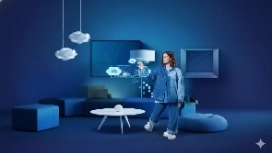 Interior designer using a digital AI interface in a modern room, representing OHSC’s free AI for Interior Design course.