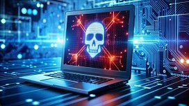 Laptop displaying a glowing digital skull on a circuit-board background, symbolizing how AI identifies and prevents malware threats in cybersecurity.