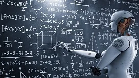 Humanoid robot writing mathematical equations on a chalkboard, symbolizing how artificial intelligence supports learning and problem-solving in mathematics.