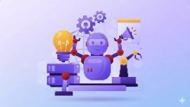 Cartoon AI robot with tools and gears, representing smart planning and automation in OHSC’s AI for Project Management free course.