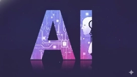 Illustration of large AI letters with digital circuits and a robot face, representing OHSC’s free AI Graphics Designer course.