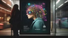 A woman viewing a vibrant AI-themed digital display with neural graphics, representing future trends in AI for advertising.