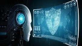 A robotic AI figure analyzing a digital security interface with a shield icon, representing advanced AI applications in cybersecurity.