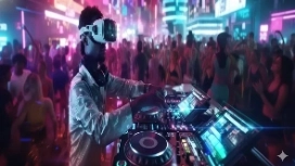 DJ using futuristic AI-powered music controls in a vibrant club, representing OHSC’s free AI in Entertainment course.