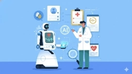 Illustration of a doctor and an AI robot reviewing medical data, representing OHSC’s free Artificial Intelligence in Healthcare course.