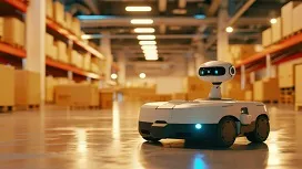 Autonomous warehouse robot navigating a storage facility, symbolizing how artificial intelligence enhances logistics efficiency and supply chain automation.