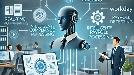Office workers interacting with digital dashboards and an AI robot graphic, illustrating automated payroll processing and compliance through artificial intelligence.