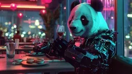 A robotic panda seated at a table with digital lighting effects, symbolizing AI systems managing complex medical billing and HCC risk adjustment tasks.