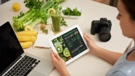 Person reviewing healthy food data on a tablet alongside fresh produce, representing OHSC’s free Artificial Intelligence Nutritionist course.