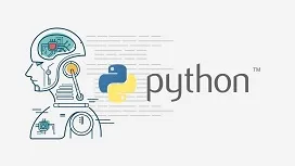 Illustration of a robotic human profile beside the Python logo, representing how Python programming is used to build artificial intelligence systems.