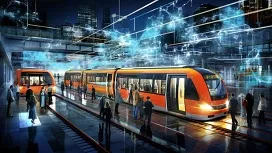 Modern orange trains at a busy station with digital AI networks overhead, illustrating AI-driven innovation in public transport and rail systems.