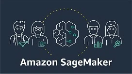 Illustration of Amazon SageMaker with user icons and a central AI graphic, representing cloud-based tools for building and training machine learning models.