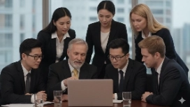 Group of professionals in a meeting with an AI robot and digital dashboards, representing OHSC’s Artificial General Intelligence conference course.