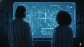 Two researchers viewing a futuristic AI data interface, representing OHSC’s free Artificial General Intelligence course and core concepts.