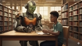 AI robot tutoring a student in a library setting, representing OHSC’s free Artificial Intelligence and Education course.