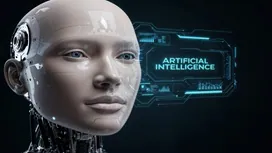 Humanoid robot with a digital interface labeled artificial intelligence, symbolizing introductory concepts for beginners learning AI.