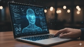 Futuristic AI human interface on laptop screen, representing OHSC artificial intelligence and machine learning free course.