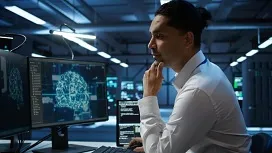 A data scientist reviewing a neural network model on a computer screen in a modern lab, representing Azure tools for machine learning development.