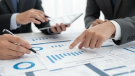 Professionals analysing reports together, illustrating confidence, communication skills and professional decision-making abilities