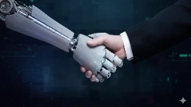 Human shaking hands with a robotic hand, symbolizing partnerships and innovation in OHSC’s Business in Artificial Intelligence free course.