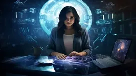 A woman working at a digital holographic interface with AI visuals around her, symbolizing enhanced business writing and communication through AI tools.