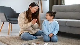 Adult and young child interacting during a playful learning activity on the floor, illustrating early developmental concepts in Level 1 child psychology studies.