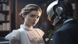 A woman and a humanoid robot facing each other in a calm setting, symbolizing AI-supported conflict resolution, understanding, and communication skills.