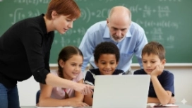 Teacher guiding students on a laptop to build problem solving as a skill through creative learning