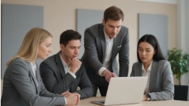 Business team collaborating around a laptop to develop creative thinking skills, generate ideas and solve workplace challenges.