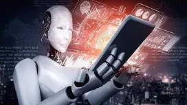 Humanoid robot studying a digital tablet with glowing data visuals, representing data augmentation methods used to enhance artificial intelligence training.