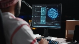 Person analyzing a digital brain model on a computer screen, representing neural networks and OHSC’s free deep learning course.