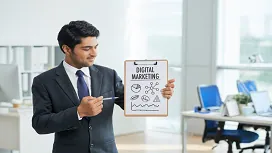 Man in a business suit presenting a clipboard with digital marketing icons, illustrating basic concepts for beginners learning digital marketing.