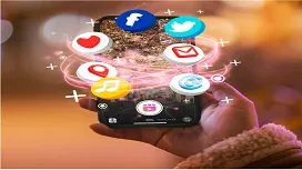 Hand holding a smartphone with floating social media icons, representing advanced digital marketing skills for Level 6 online diploma learners.