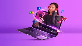 Young woman using a smartphone with social media icons emerging from a laptop, representing beginner-level digital marketing concepts.