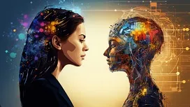 A woman facing an expressive digital AI figure, symbolizing the connection between human emotions and artificial intelligence technologies.