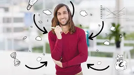 A confident person surrounded by illustrated icons representing thoughts and emotions, symbolizing self-awareness and emotional intelligence training.