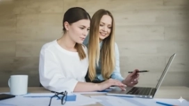 Two colleagues using a laptop together, illustrating emotional intelligence, communication and self-awareness skills