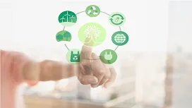 Person pointing at eco-icons representing recycling, renewable energy, and sustainability, illustrating core concepts in Level 1 environmental management.