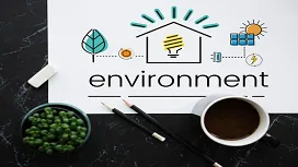 Eco-themed illustration with energy-saving symbols, greenery, and sustainability icons, representing core topics in the Environmental Management Level 1 Award.