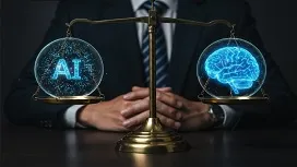 A person sits behind a scale balancing AI and a human brain, symbolizing ethical decision-making and responsible development in artificial intelligence.