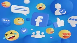 Floating Facebook icons and emoji reactions on a blue background, representing advanced Facebook marketing skills for Level 7 diploma students.